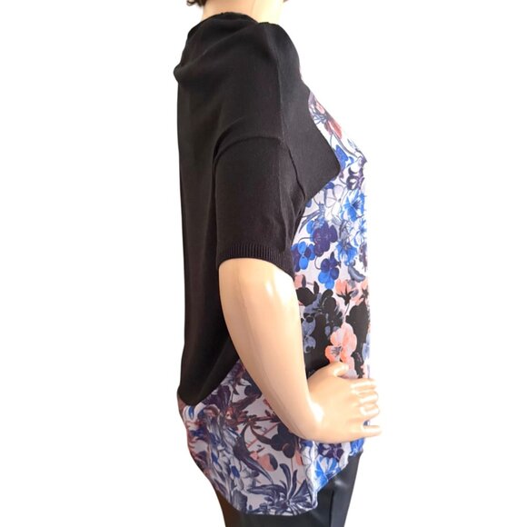 Anthropologie Meadow Rue Top Size Small Floral Knit Mixed Media Black Blue Coral - Picture 11 of 13